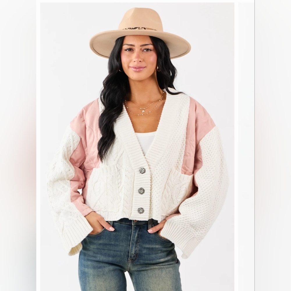POL Pink and Cream Button-Up Cardigan NWOT